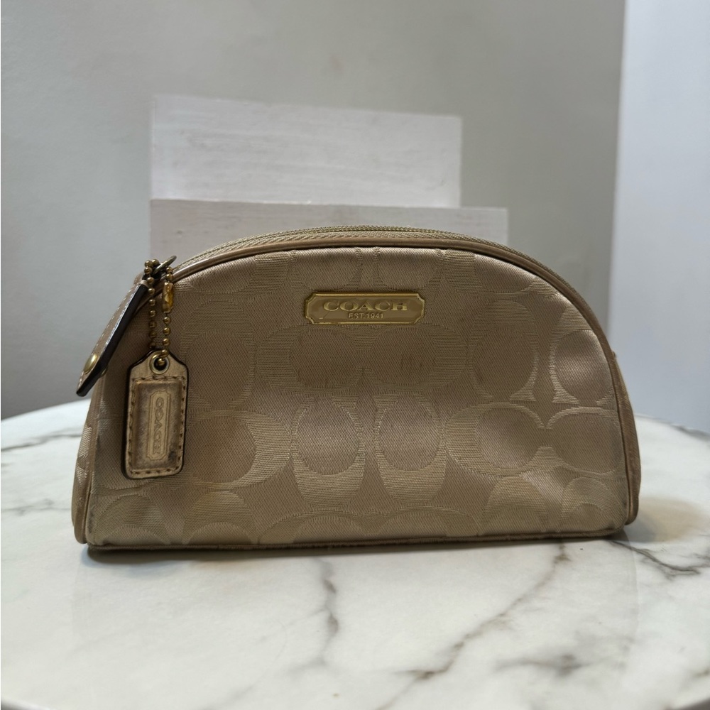 Coach / Estée Lauder Gold Sateen Signature Monogram Zip Cosmetic Toiletries Bag